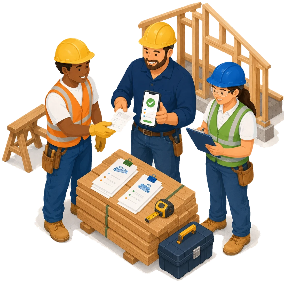 A construction crew reviewing a materials receipt, with an approved expense on the foreman’s phone beside bundled lumber