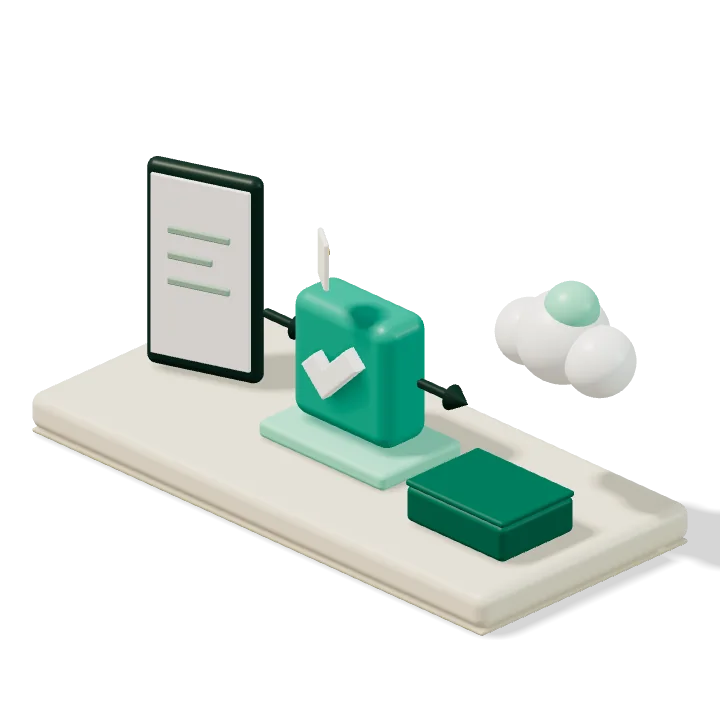 A 3D phone, a green approval tick and a ledger with a cloud, with a receipt travelling between them