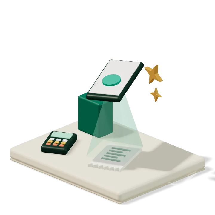 A 3D counter with a card terminal and a shopping bag, and a phone scanning the paper receipt