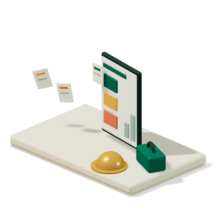 A 3D tablet with category budgets, receipts flying into it, beside a hard hat and toolbox